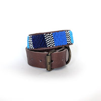 Close up of Atlas Blue Beaded Leather Dog Collar