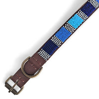 Close up of Atlas Blue Beaded Leather Dog Collar and brass buckle.