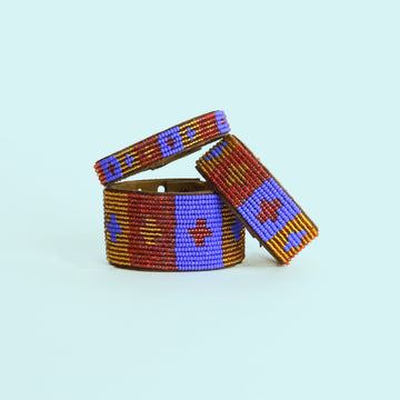 Quilt Coral Beaded Leather Cuff