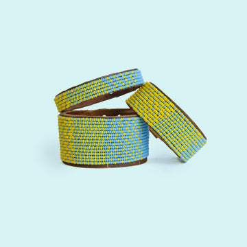 Ombre Light Blue and Yellow Beaded Leather Cuff