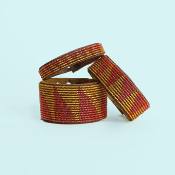 Large, medium and small Tri Coral and Gold Beaded Leather Cuff
