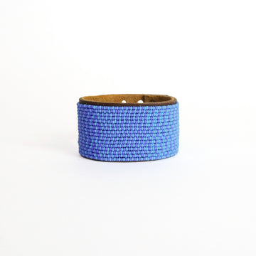 Ombre Light Blue and Ocean Beaded Leather Cuff