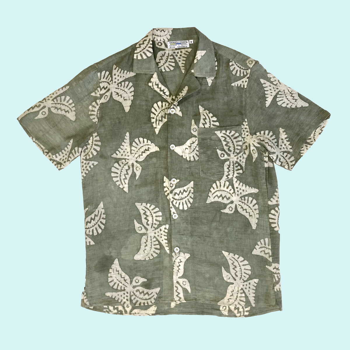 teardrop with tent Hand-Dyed Olive Gray Batik Camp Shirt - Roller Print