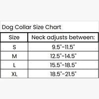 Dog collar size chart with neck measurements for different sizes.