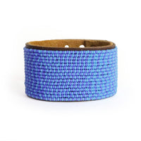 Large Ombre Light Blue and Ocean Beaded Leather Cuff