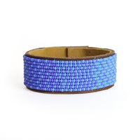 Medium Ombre Light Blue and Ocean Beaded Leather Cuff