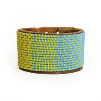 Large Light Blue and Yellow Beaded Leather Cuff