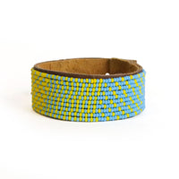 Medium Light Blue and Yellow Beaded Leather Cuff