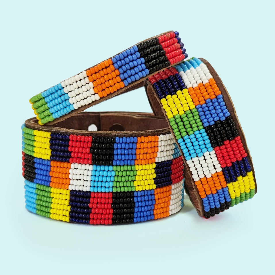 Patchwork Multi Beaded Leather Cuff Bracelet | Handmade Fair Trade