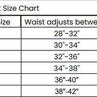 Belt size chart showing waist adjustment ranges for different belt sizes.