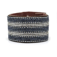 Stripes Silver and Slate Beaded Leather Cuff