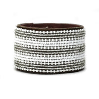 Stripes Silver and White Beaded Leather Cuff