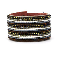 Stripes Neutral Beaded Leather Cuff