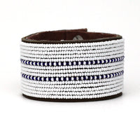 Dashes Dark Blue Beaded Leather Cuff