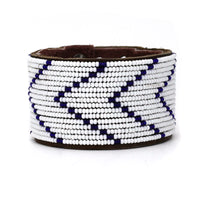 Chevron Dark Blue Beaded Leather Cuff