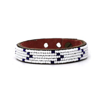 Chevron Dark Blue Beaded Leather Cuff
