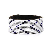 Chevron Dark Blue Beaded Leather Cuff