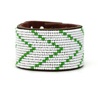 Chevron Green and White Beaded Leather Cuff