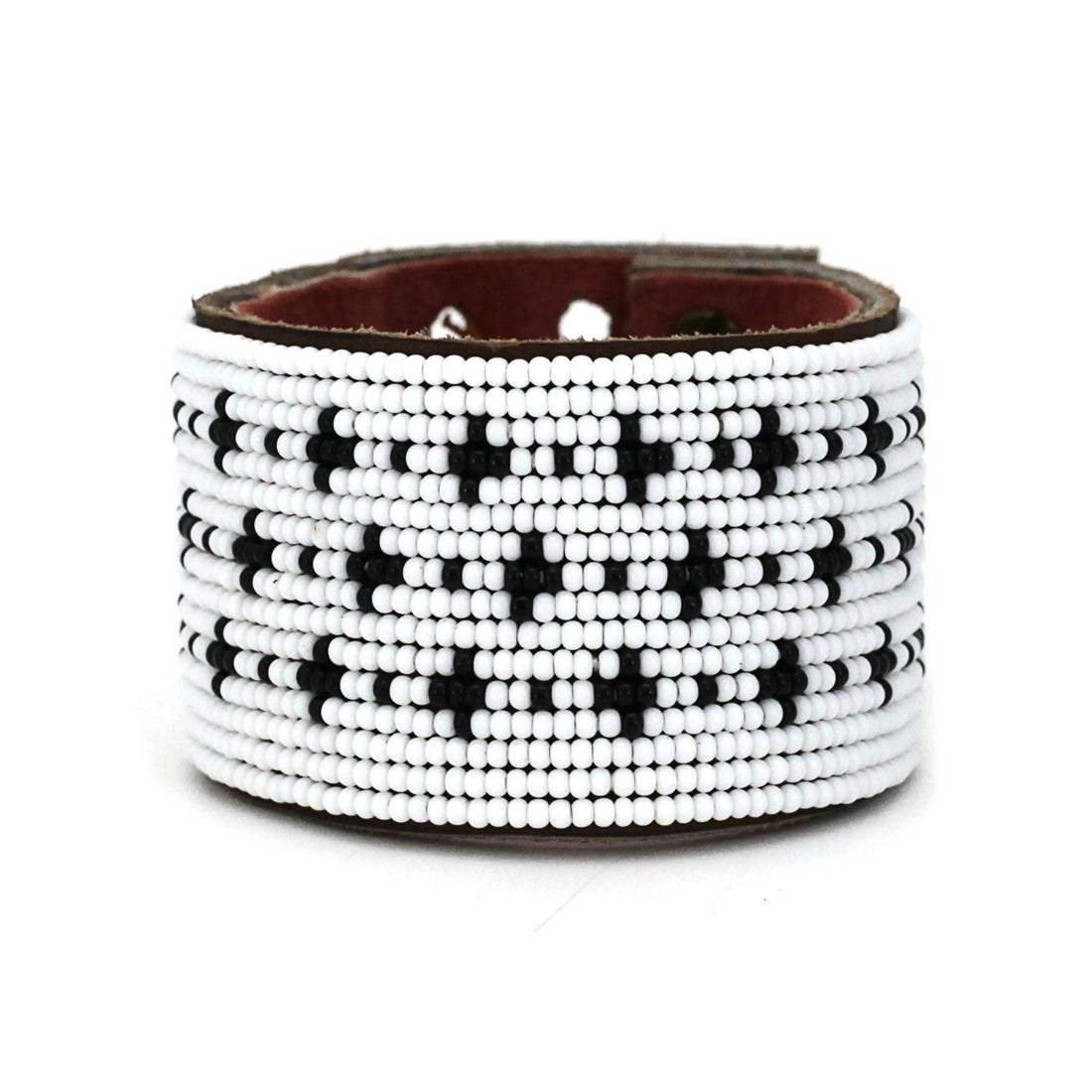 Stars Black and White Beaded Leather Cuff