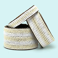 Stripes Pearl and White Beaded Leather Cuff