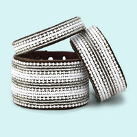 Stripes Silver and White Beaded Leather Cuff