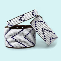 Chevron Dark Blue Beaded Leather Cuff
