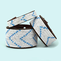 Chevron Light Blue Beaded Leather Cuff