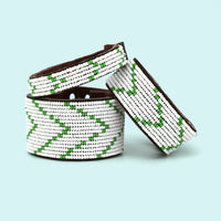 Chevron Green and White Beaded Leather Cuff