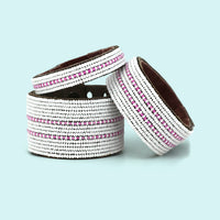 Dashes Pink and White Beaded Leather Cuff