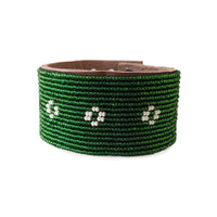 Diamond Dark Green and Pearl Beaded Leather Cuff