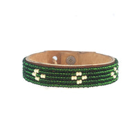 Diamond Dark Green and Pearl Beaded Leather Cuff