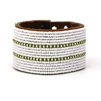 Dashes Olive Green Beaded Leather Cuff