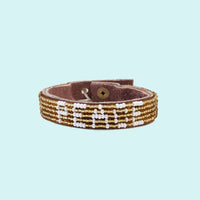 Peace Beaded Leather Cuff - Gold