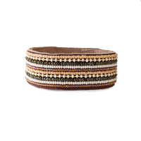 Stripes Light Neutral Beaded Leather Cuff - Standard Width
