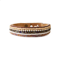 Stripes Light Neutral Beaded Leather Cuff - Narrow Width