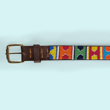 Close up picture of Multi Arrows Beaded Leather Belt and brass belt buckle.