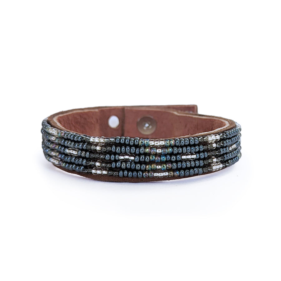 Chain in Silver and Slate Beaded Leather Cuff