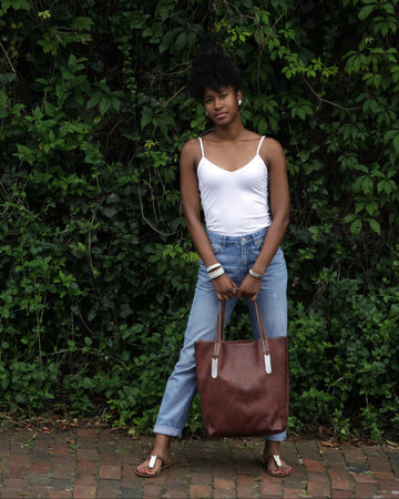 Compass Beaded Leather Tote Bag