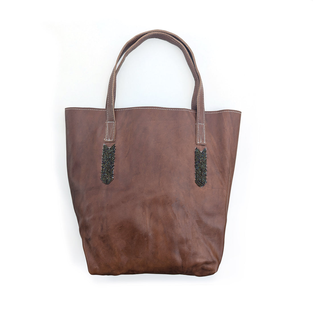 Compass Beaded Leather Tote Bag