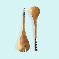 Olive Wood Serving Spoon Set with Batik Inlay