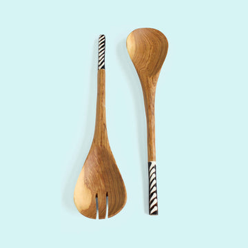 Olive Wood Serving Spoon Set with Batik Inlay