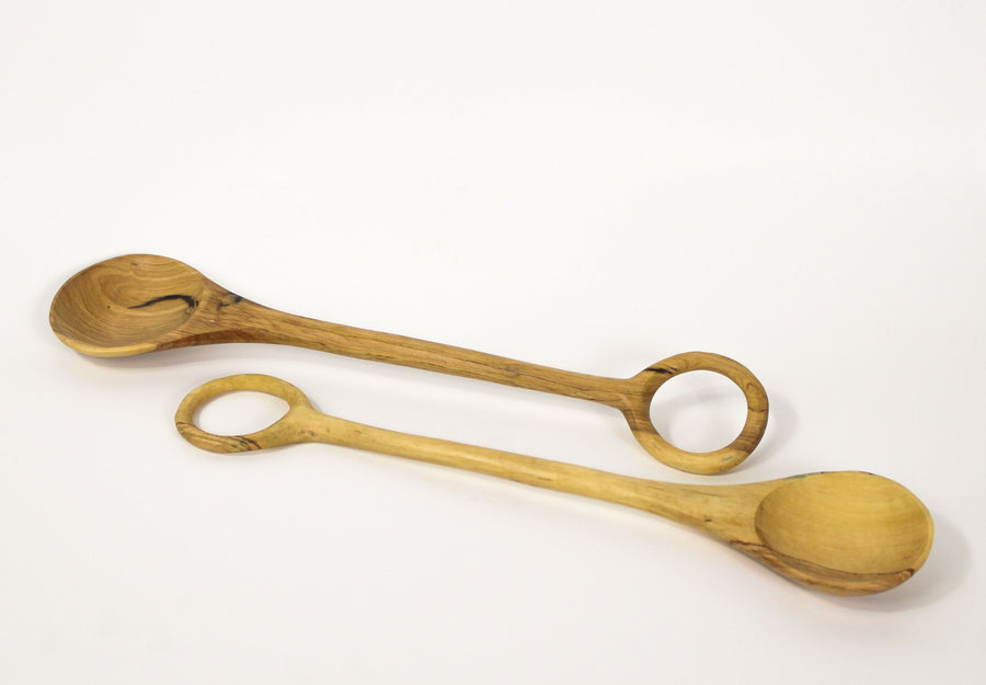 Two olive wood spoons with loop handle