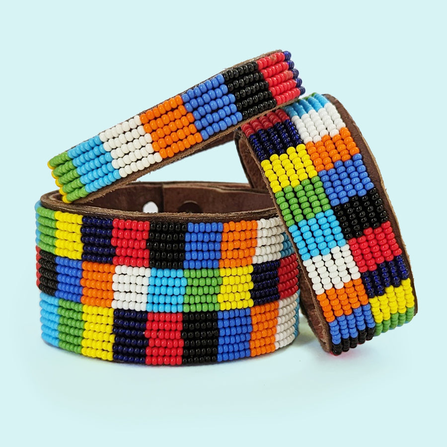 Patchwork Multi Beaded Leather Cuff