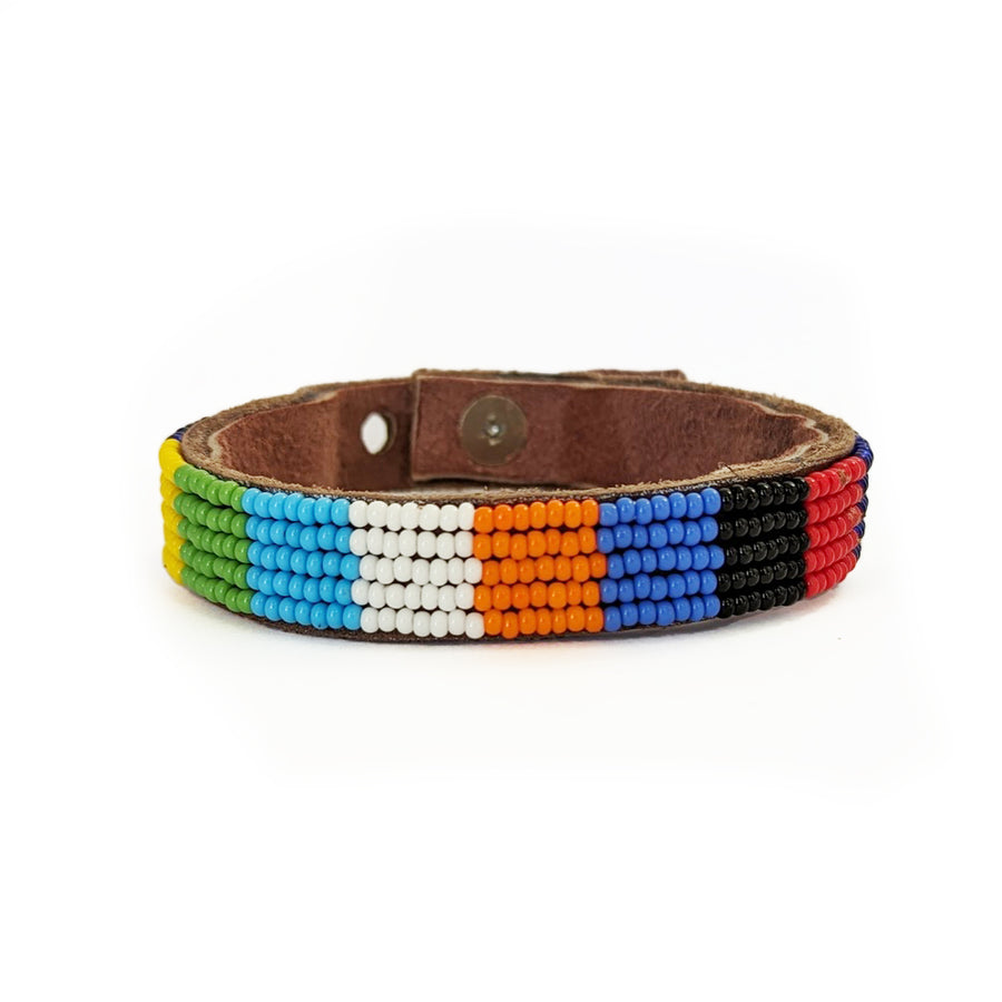 Patchwork Multi Beaded Leather Cuff