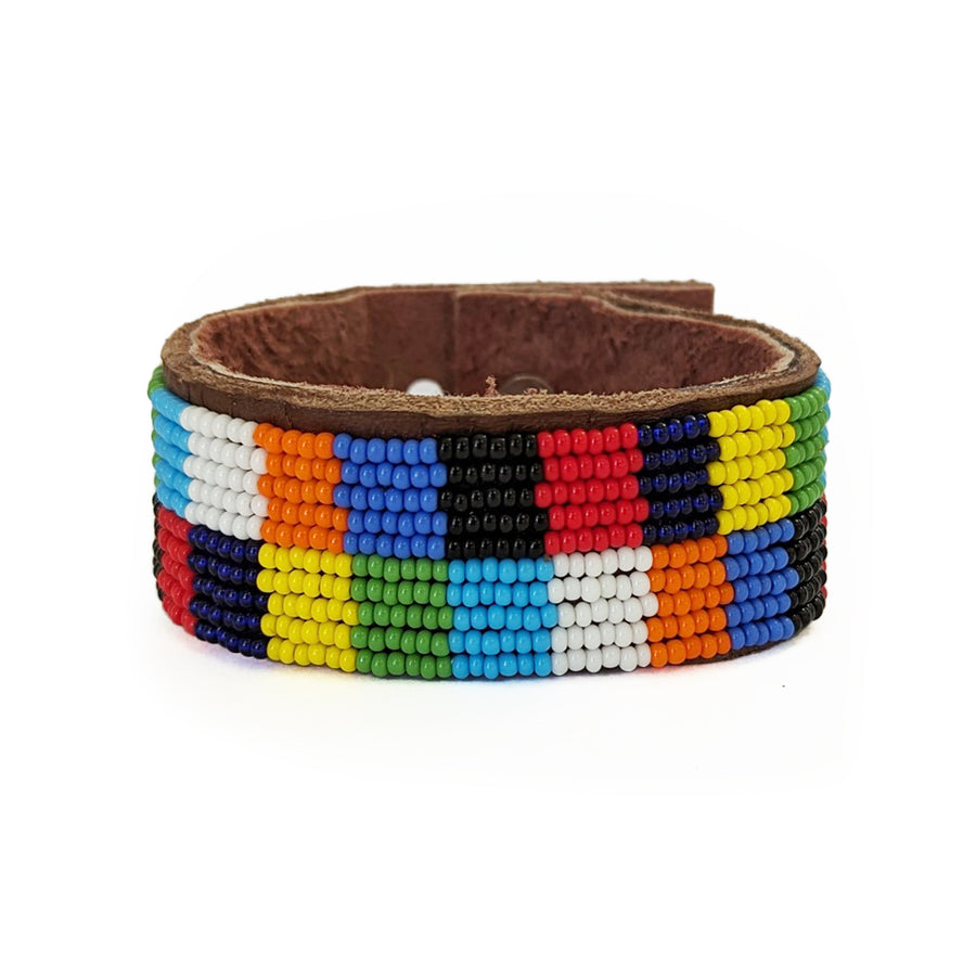 Patchwork Multi Beaded Leather Cuff