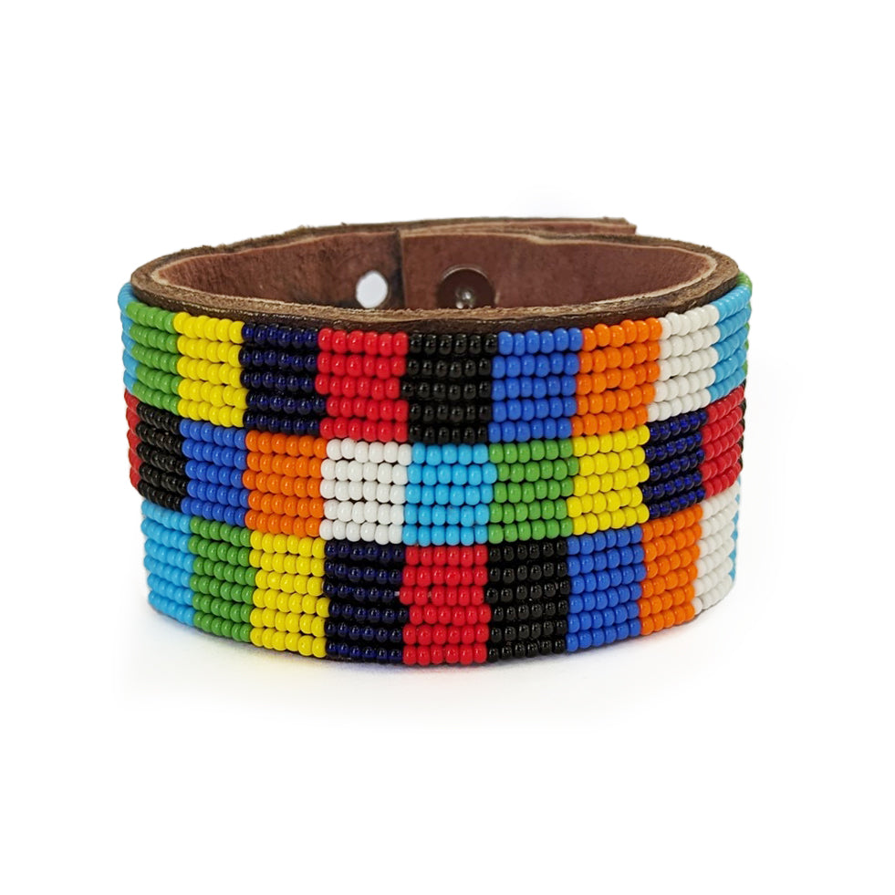 Patchwork Multi Beaded Leather Cuff