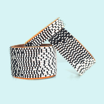 Ombre White and Black Beaded Leather Cuff