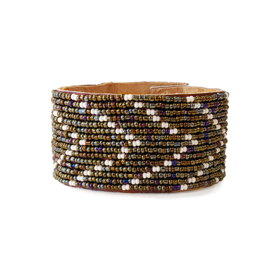 Chevron Rainbow and Pearl Beaded Leather Cuff