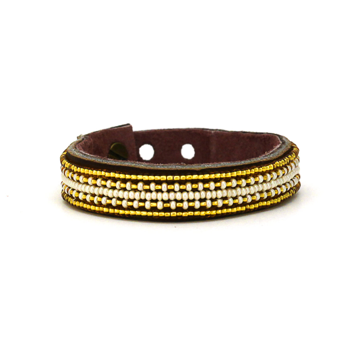 Stripes Gold and Pearl Beaded Leather Cuff