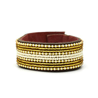 Stripes Gold and Pearl Beaded Leather Cuff